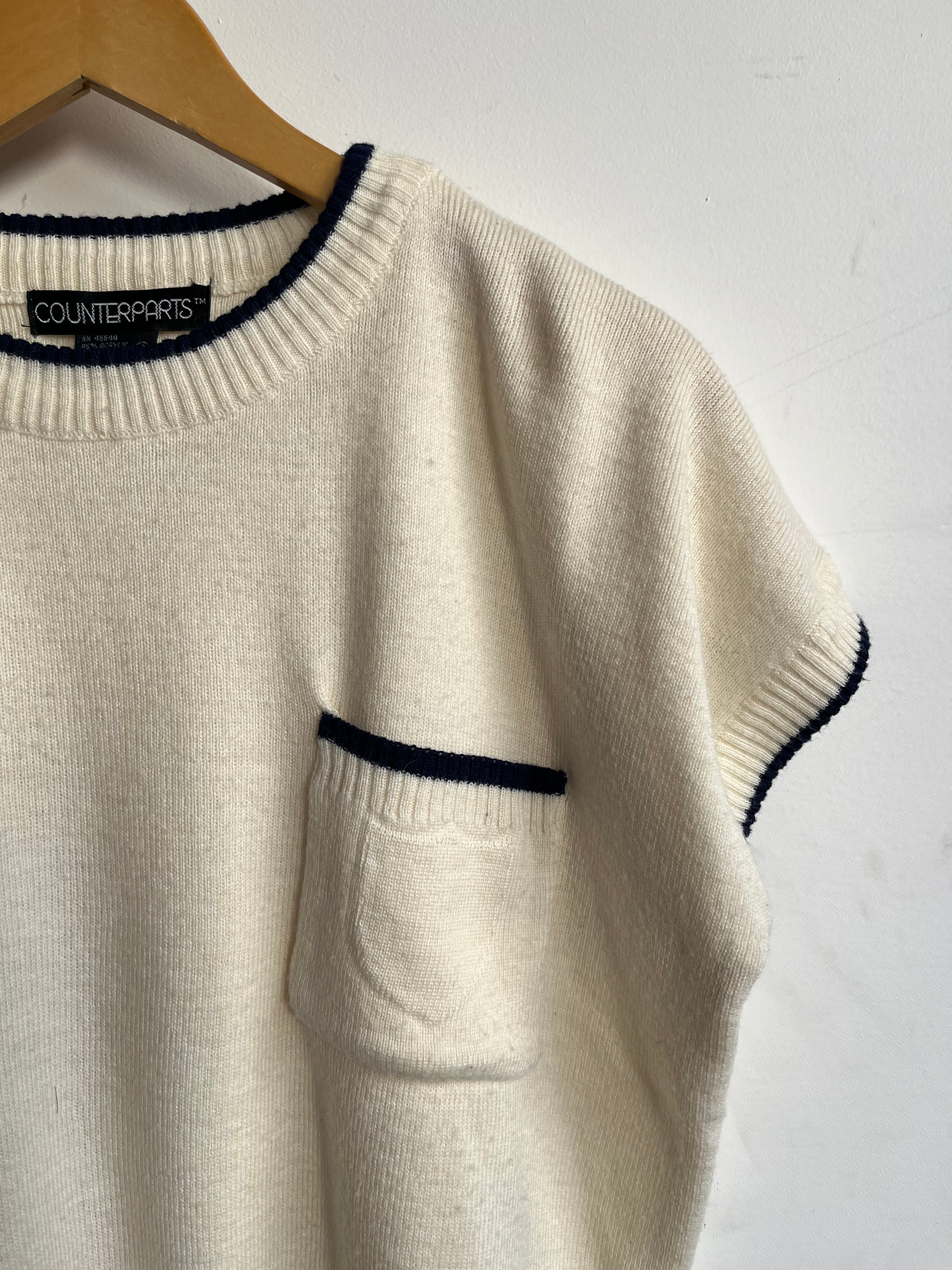 Navy Tipped Short Sleeve Sweater